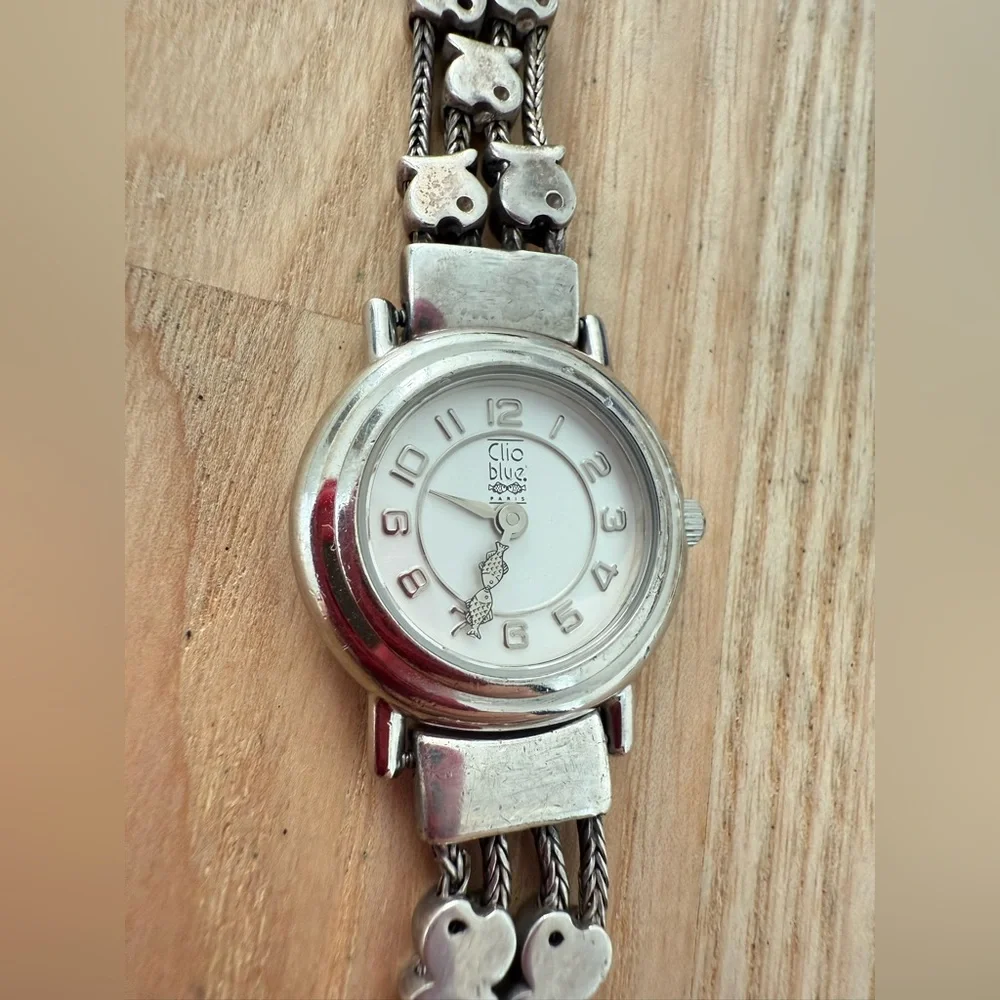Clio blue Paris 925 Sterling silver fish multi chain bracelet watch NEW BATTERY